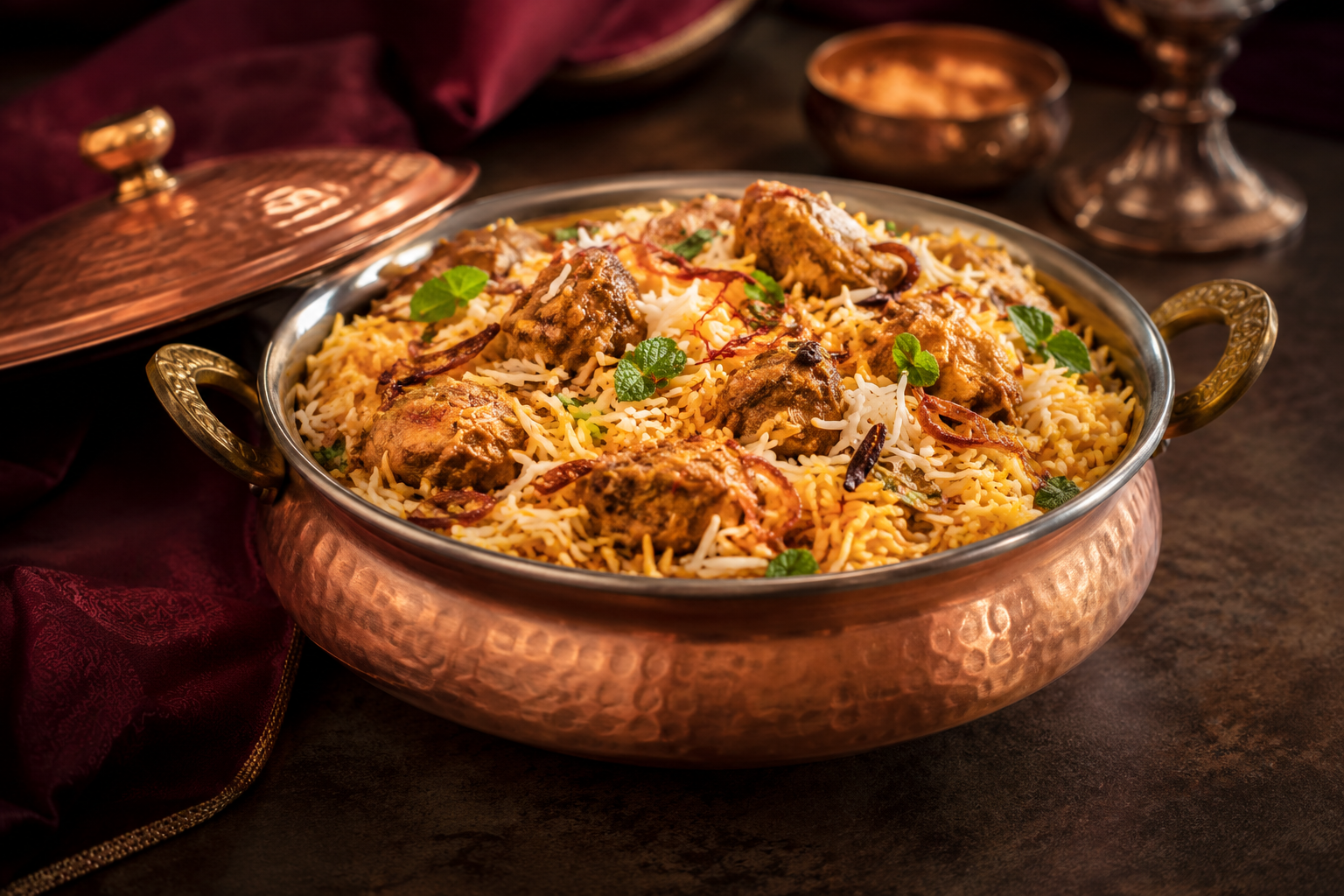 Hyderabadi biryani served in a copper handi